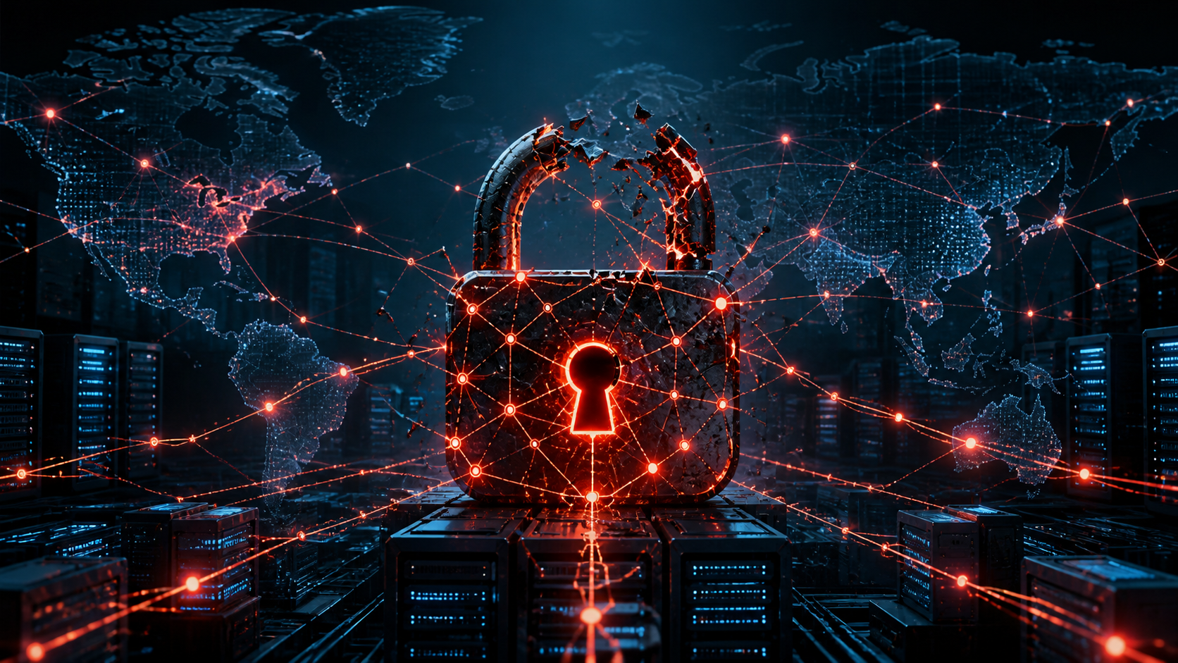 Illustration of DeadLock ransomware infrastructure spreading across a compromised digital network.
