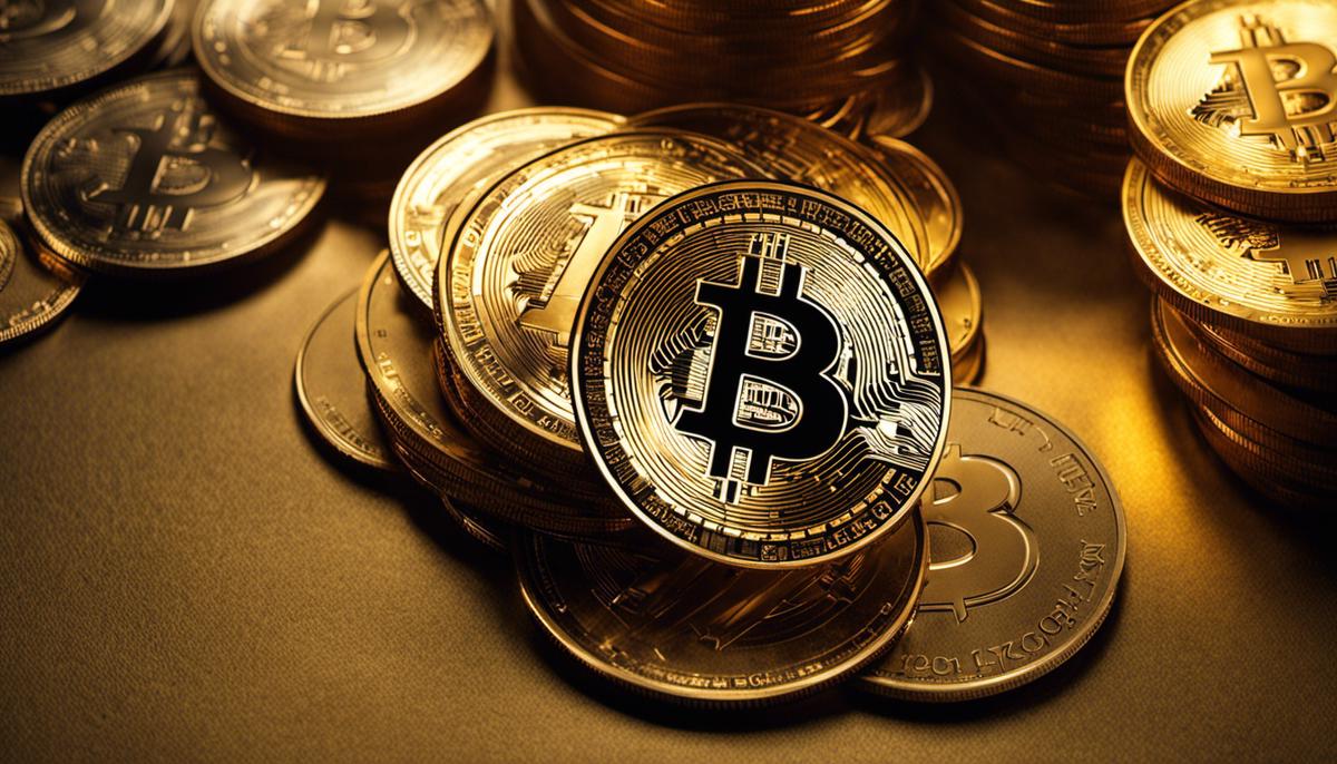 An image depicting Bitcoin cryptocurrency symbolized by a golden coin with the Bitcoin logo on it.