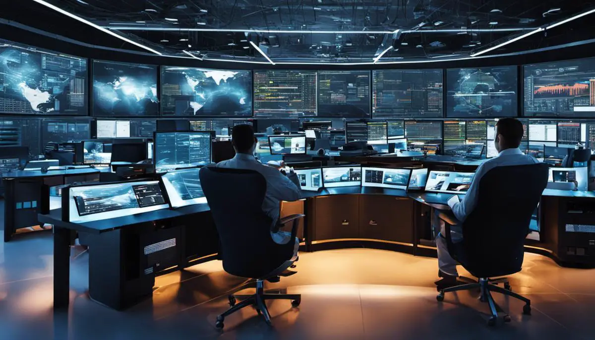 An image depicting a Cyber Security Operation Center with a team working together to monitor and respond to security threats.