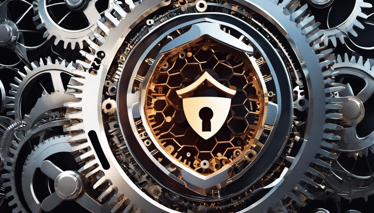An image showing a network security shield surrounded by gears and data symbols, representing the concept of leveraging IOCs for elevated cyber threat detection.