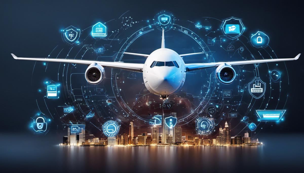 Image of an airplane surrounded by shield and digital security icons, representing the importance of cybersecurity for airlines.