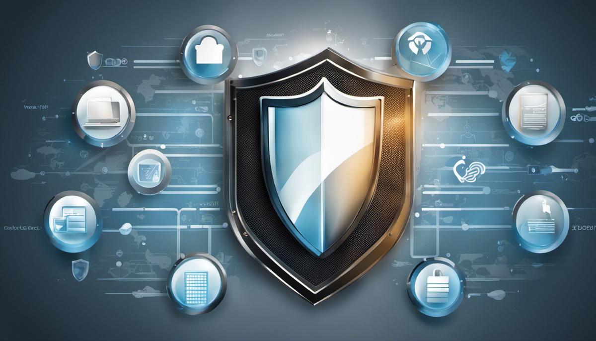 Illustration showing a shield protecting various icons representing network security tools.