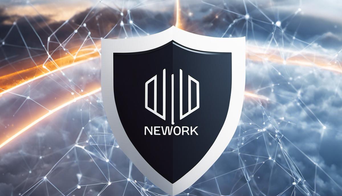 An image showing the logo of AWS Network Security with a shield protecting a network from cyber attacks