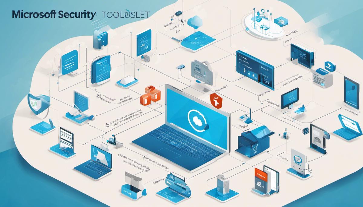 Image depicting Microsoft Azure's comprehensive security toolset, highlighting various aspects such as email filtering, network security, security benchmark, managed applications, security lab, and security score.