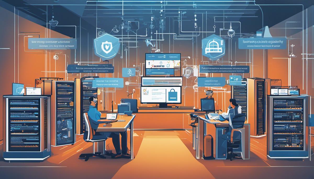 Illustration of various Azure security tools such as Network Security, Security Benchmark, Managed Applications, Security Lab, and Security Score, highlighting the comprehensive security offerings of Azure.