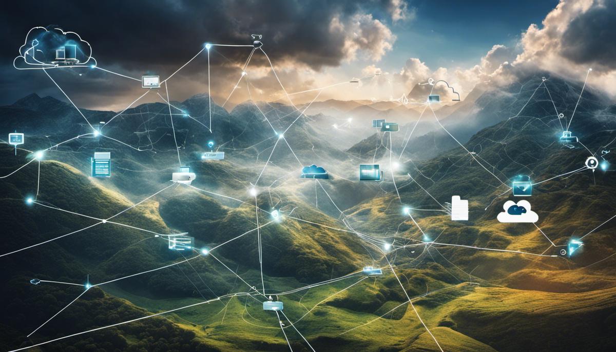 An image showing a cloud-based landscape with various interconnected devices and arrows representing application security in the cloud