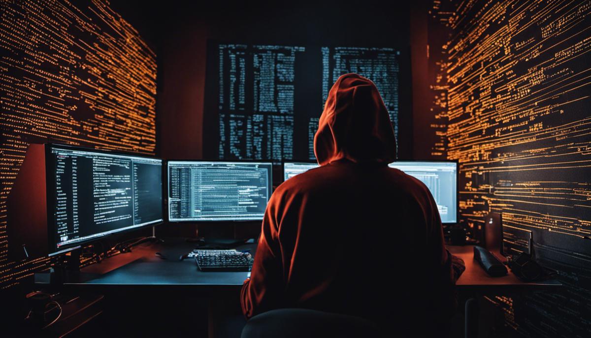 An image of a hacker in a dark room coding malicious software.