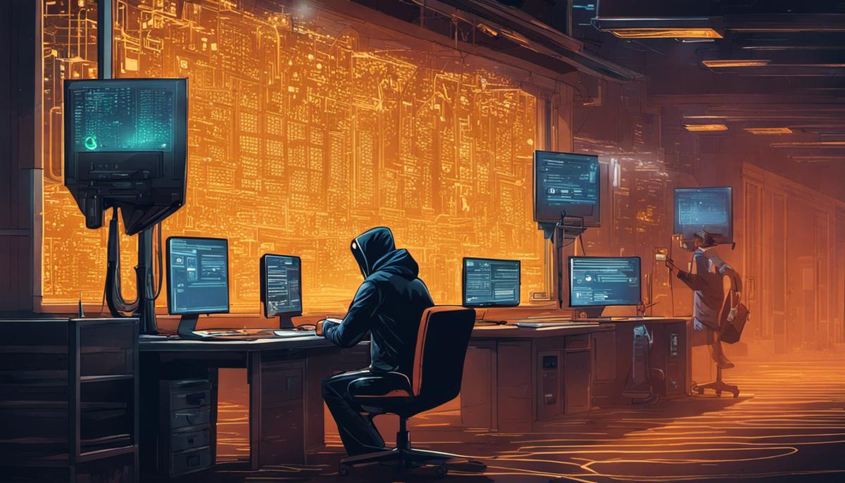 Illustration of a hacker engaging in cryptocurrency mining malware activity.