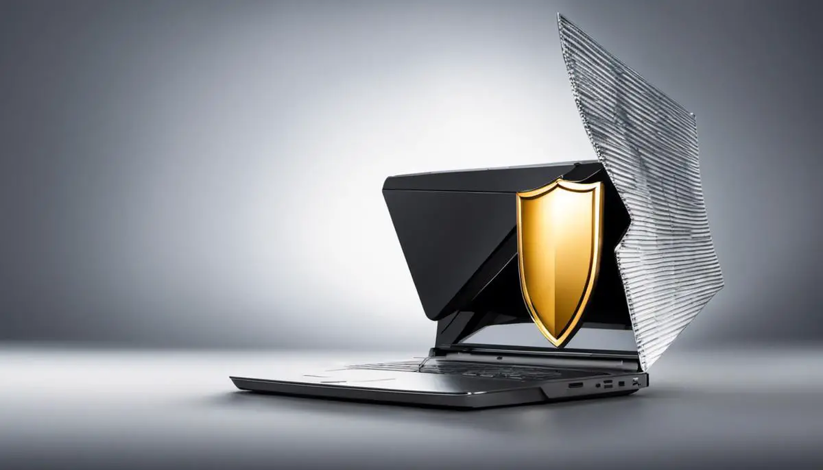 A person shielding a laptop with a shield, symbolizing the protection provided by cyber insurance.