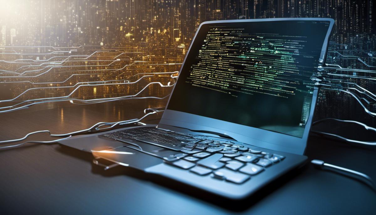 An image depicting the collaboration between cyber security and software engineering, showing the intertwining of binary code and security lock symbols.