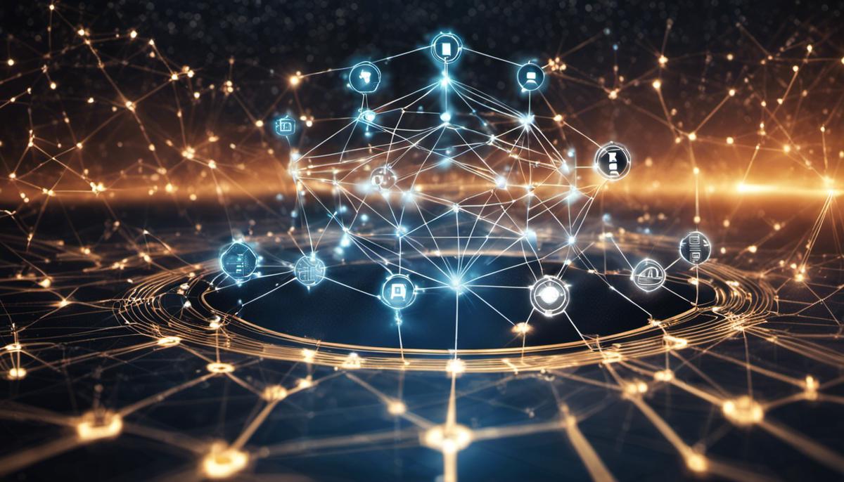 An image depicting the future of cybersecurity with interconnected network nodes and data encryption symbols