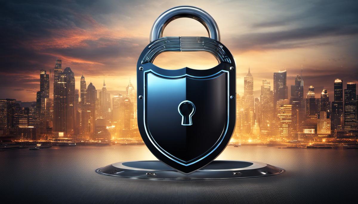 An image depicting the concept of cyber security, showing a locked shield protecting digital data