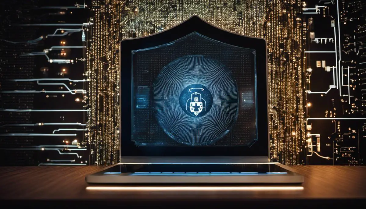 An image showing a computer screen with a shield protecting it from various cyber threats.