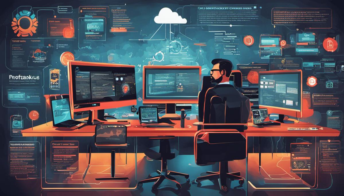 Illustration depicting various cyber threats such as hackers, deepfakes, and cloud jacking.