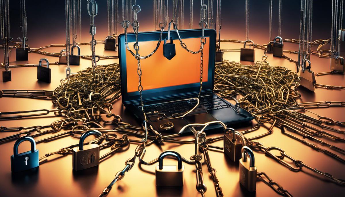 A visual representation of the dangerous landscape of cybercrimes, depicting various hacking symbols and locked padlocks.