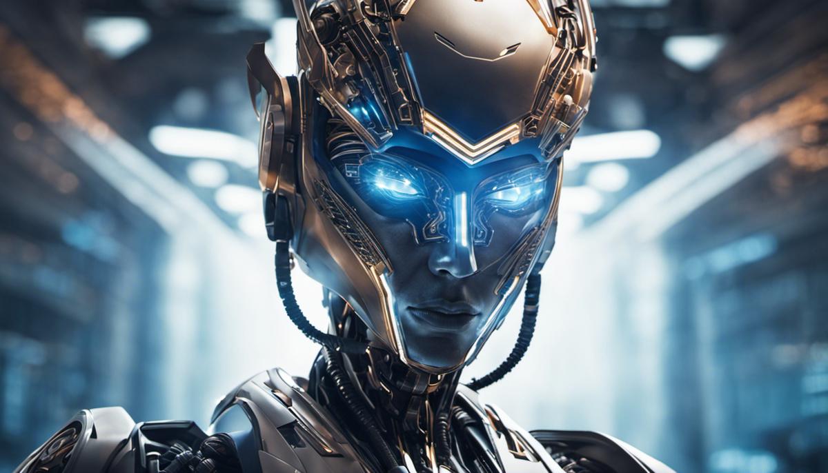 An image of a futuristic cyborg head with a shield symbol representing the role of AI in cybersecurity