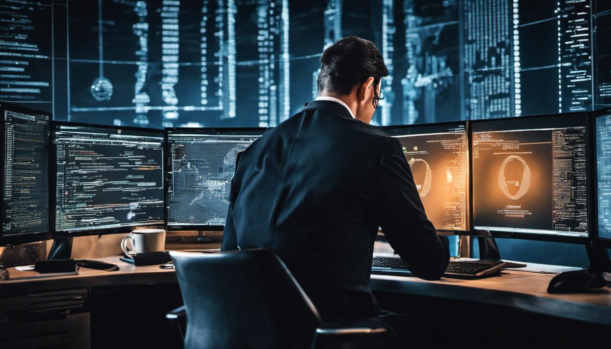 An image depicting a cybersecurity analyst working on a computer, symbolizing the challenges and responsibilities they face.