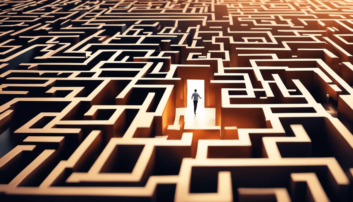 Image depicting the challenges in integrating AI into cybersecurity, showing a maze with hurdles and a person finding their way through it