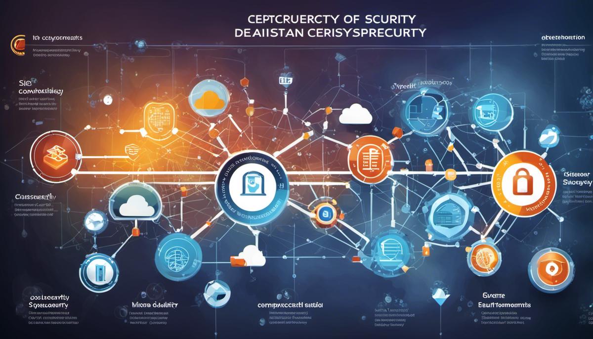 Illustration showing interconnected blocks labeled with the six domains of cybersecurity: Network Security, Cloud Security, Application Security, Information Security, Operational Security, and Disaster Recovery.