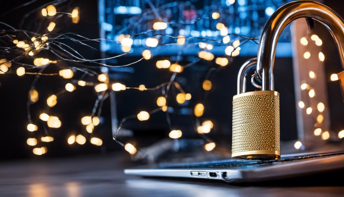 Image of a person in front of a computer screen with security padlocks on it, representing cyber security ethics