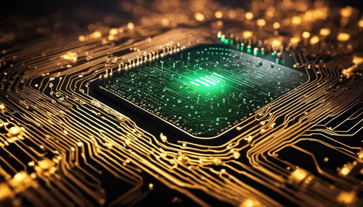 An image of a futuristic circuit board with binary code streaming through it, representing the future of cybersecurity.