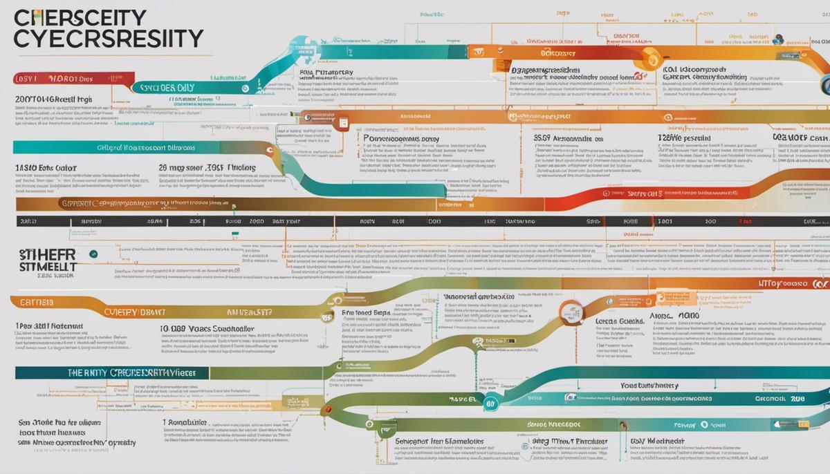 An image of a timeline showing the history of cybersecurity from the '70s to the present day
