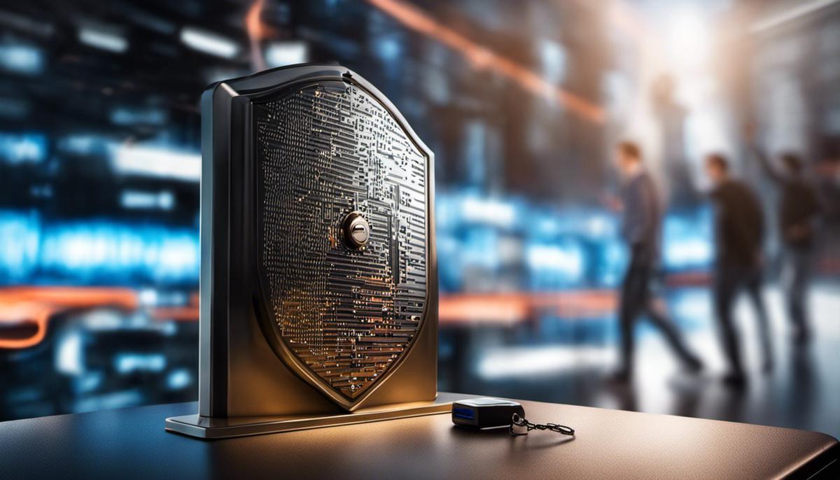 An image of a shield protecting a digital lock with hackers in the background