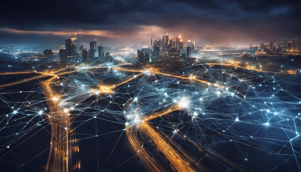 An image illustrating the concept of cybersecurity with a complex network of interconnected nodes and data flow.