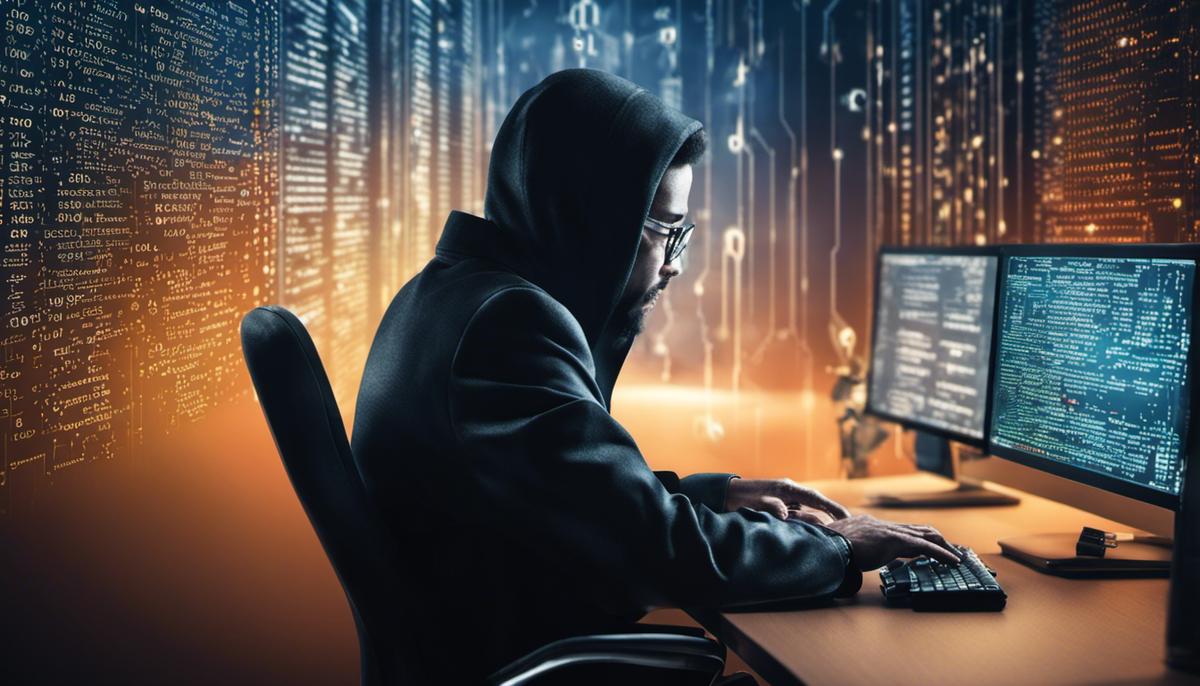 Illustration of a cybersecurity professional sitting at a desk and hacking into a computer system with binary code and locks in the background