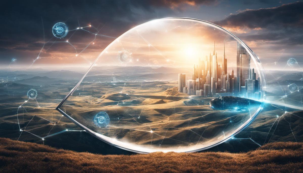 An image depicting a futuristic digital landscape protected by a shield, representing the concept of cyber security.