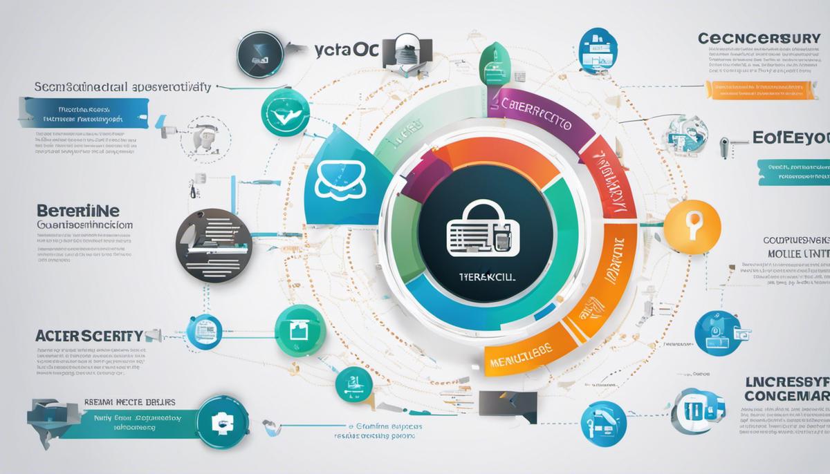 Image depicting various cybersecurity measures including encryption, multi-factor authentication, and threat intelligence.