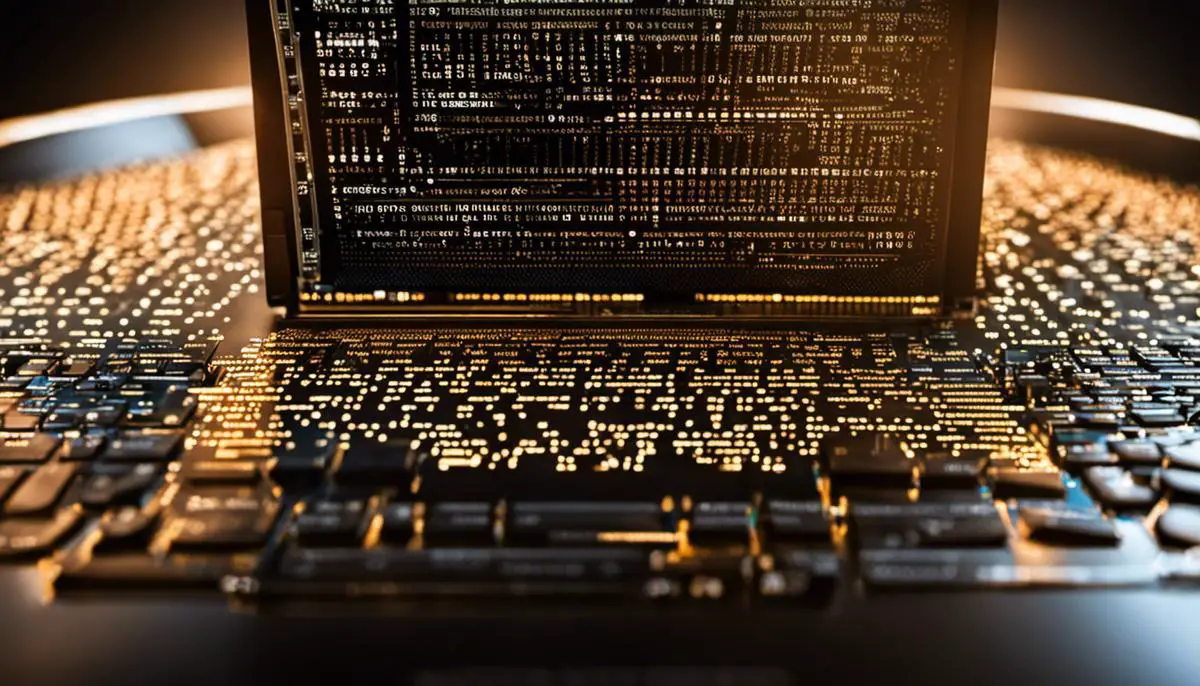 A computer with binary code representing cybersecurity networking.