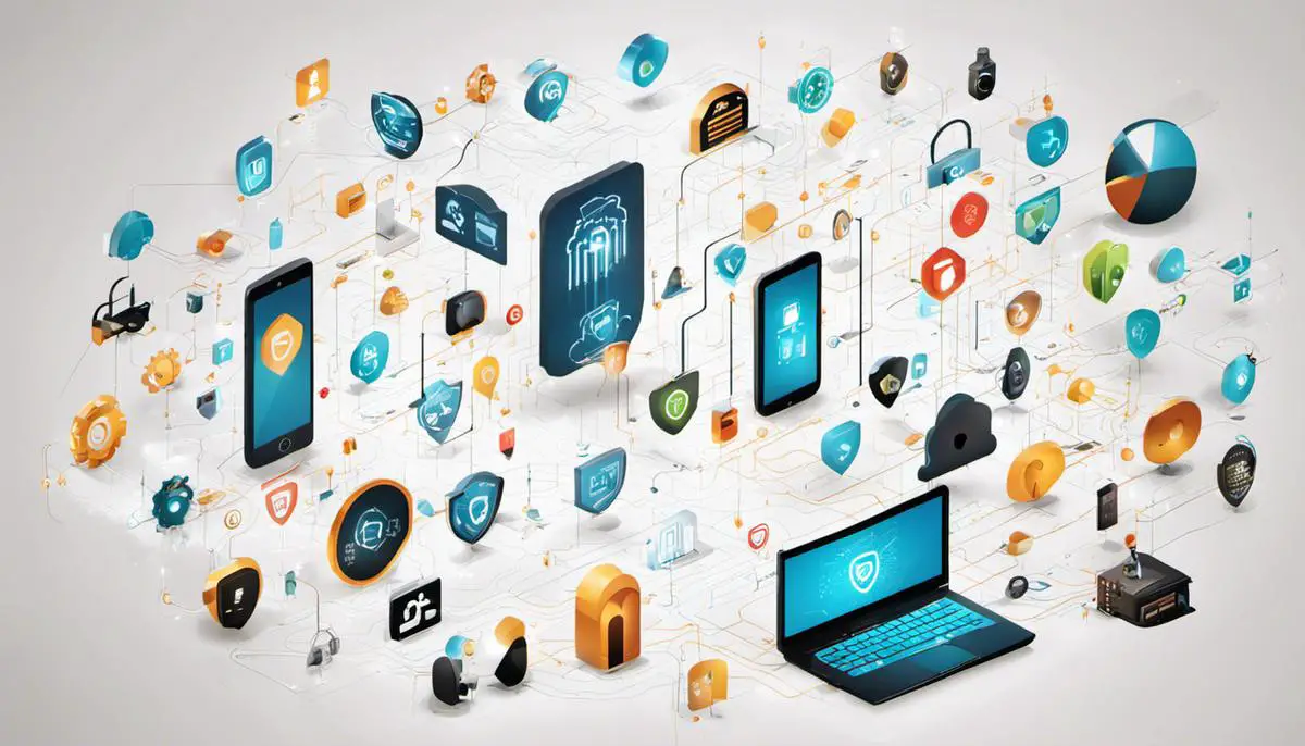 An image showing various cybersecurity technologies and icons representing network security, encryption, AI, and IoT devices.