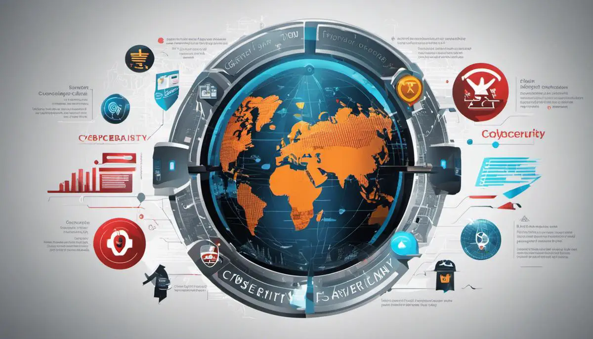 A depiction of various digital threats and symbols representing cybersecurity challenges.