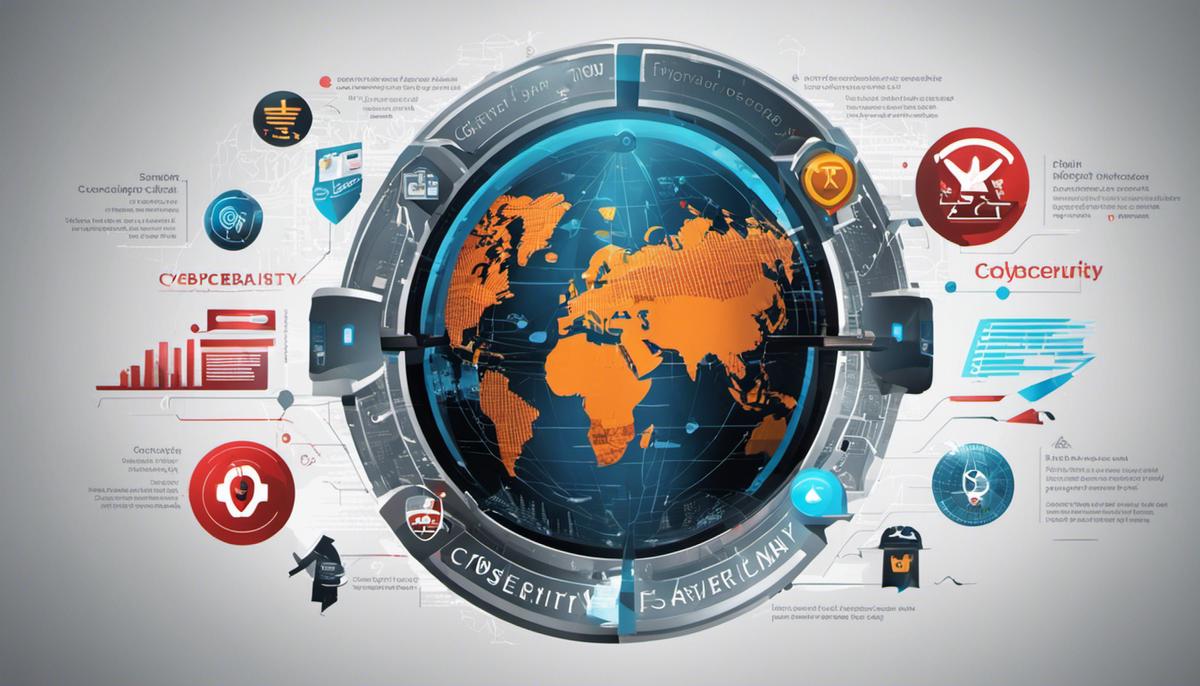 A depiction of various digital threats and symbols representing cybersecurity challenges.