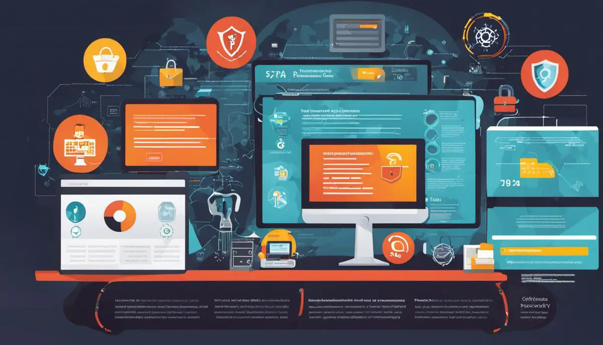 Illustration of various cybersecurity threats including phishing, malware, man-in-the-middle attacks, ransomware, insider threats, AI-powered attacks, and credential stuffing.
