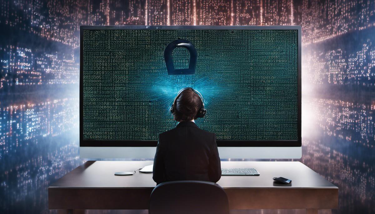 Image of people in a training session on cybersecurity, focusing on a computer screen with binary code and a padlock symbol.
