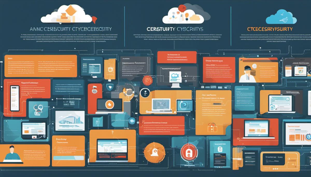An image showing different cybersecurity trends, including AI, quantum computing, data privacy regulations, cybersecurity mesh, cloud security, and DevSecOps.