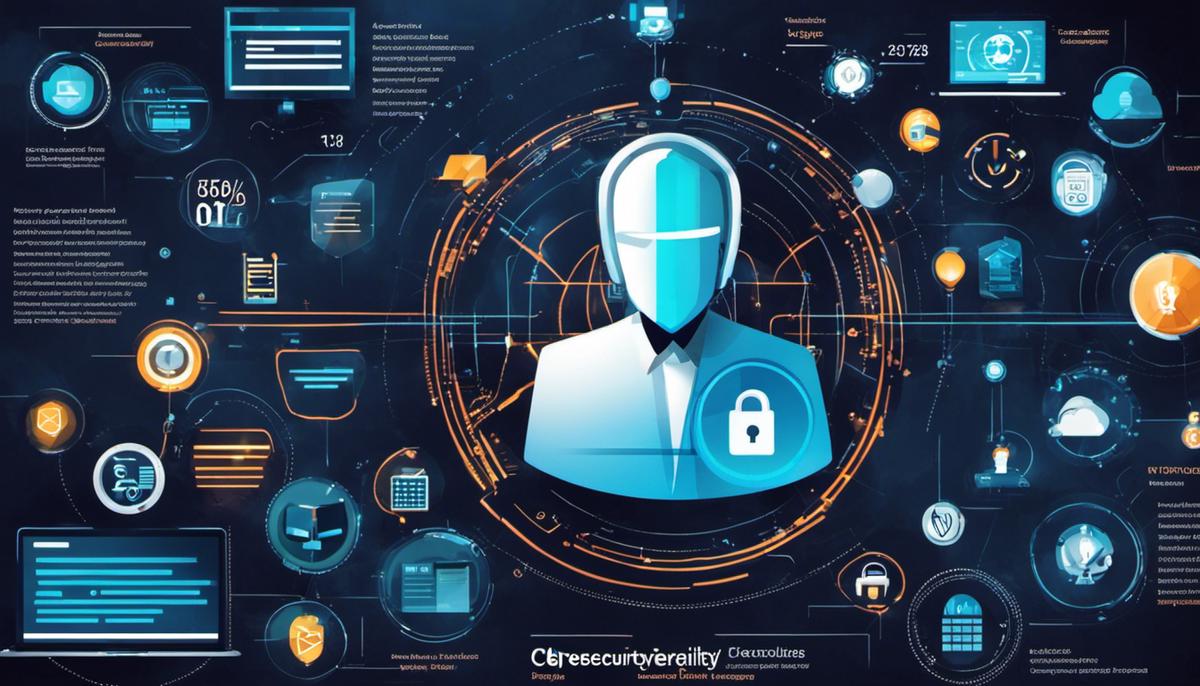 A depiction of various cybersecurity icons and concepts representing the influences and estimated fiscal repercussions of cyber criminality.