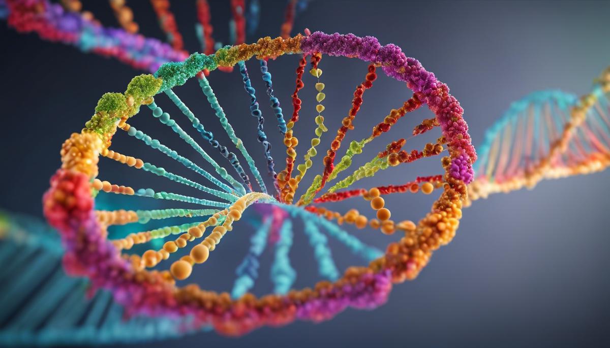An image showcasing DNA ancestry testing, depicting a DNA double helix structure with arrows representing the flow of genetic information.