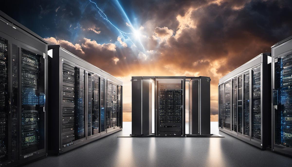 A conceptual image representing the impact of emerging trends on RAID technology, symbolizing the convergence of SSDs, Big Data, cloud technology, artificial intelligence, and Software-Defined Storage.