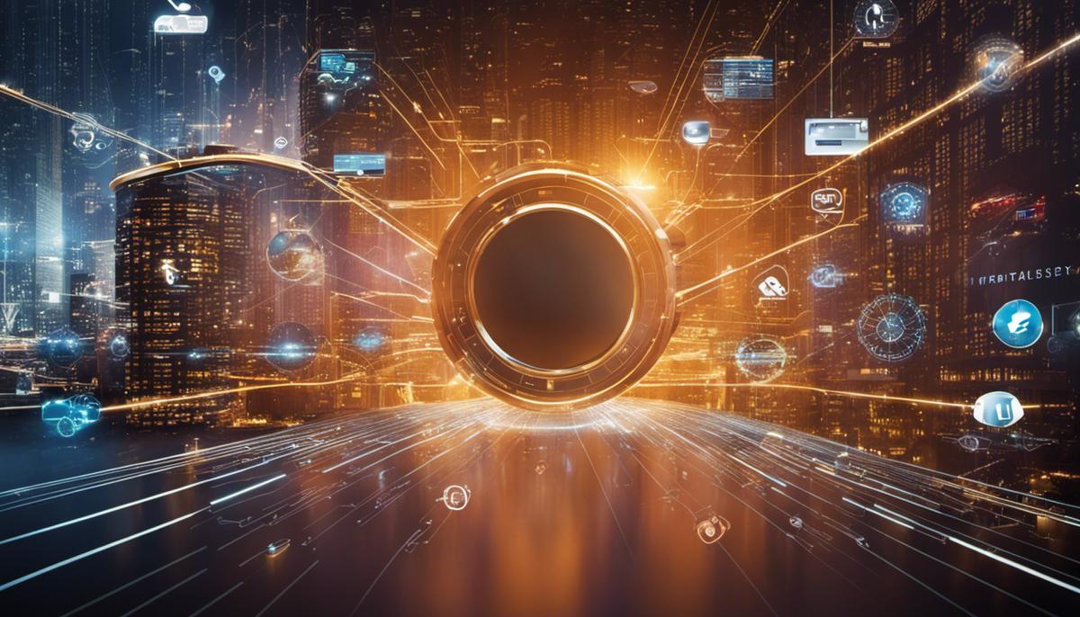 Visual representation of the future of cybersecurity, depicting the interaction of different technologies and their impact on security.