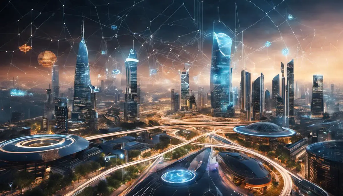 Image of a futuristic technology city with various interconnected devices, representing the future of cybersecurity management.