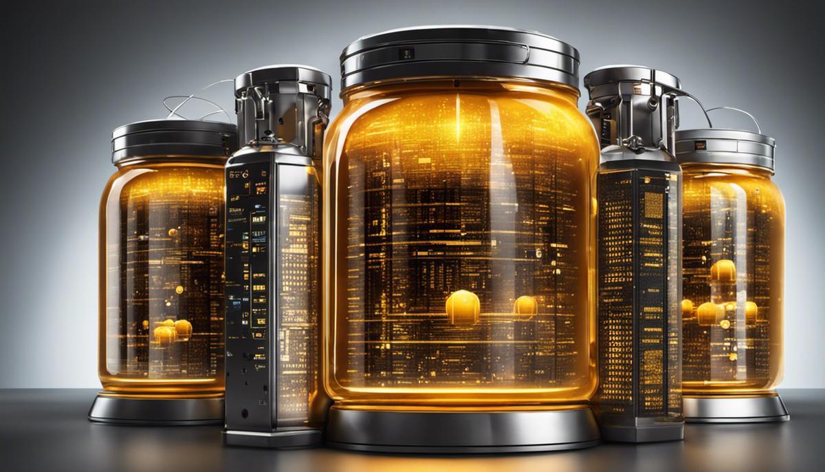 A futuristic image depicting a honey jar surrounded by high-tech security measures and computer codes, symbolizing the evolution and potential of honeypots in cybersecurity.