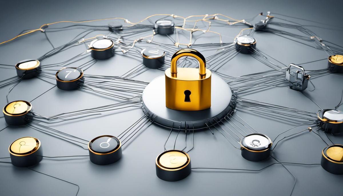 A network diagram with interconnected devices and a padlock symbolizing cybersecurity