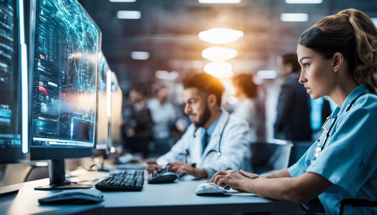 An image of people working together on computers, symbolizing healthcare cybersecurity.
