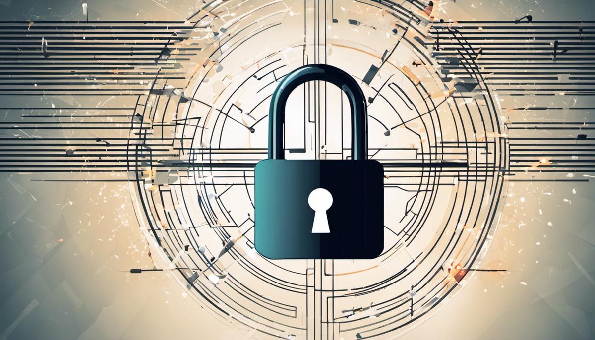 Image of cybersecurity concepts and indicators of compromise, showing a lock icon with scattered lines representing digital threats.