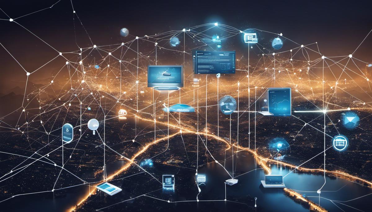 A visual representation of a network security landscape, showing interconnected devices and potential cyber threats.