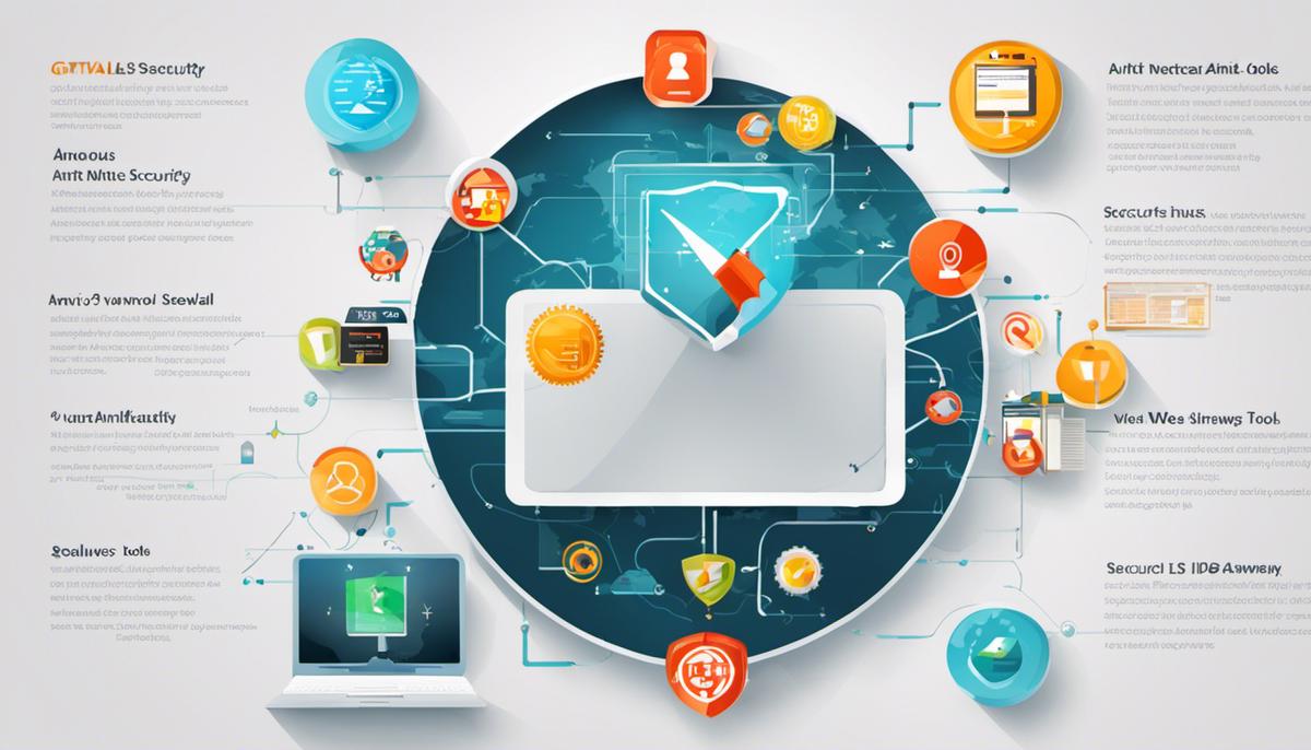 Illustration of various network security tools displaying firewalls, anti-virus shield, IDS/IPS, secure web gateways, security analytics, network segmentation, and VPN tools.