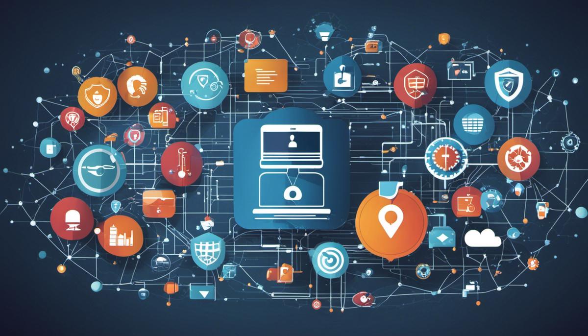 Illustration of a network with security symbols and icons, representing the integration of SOAR into cybersecurity operations